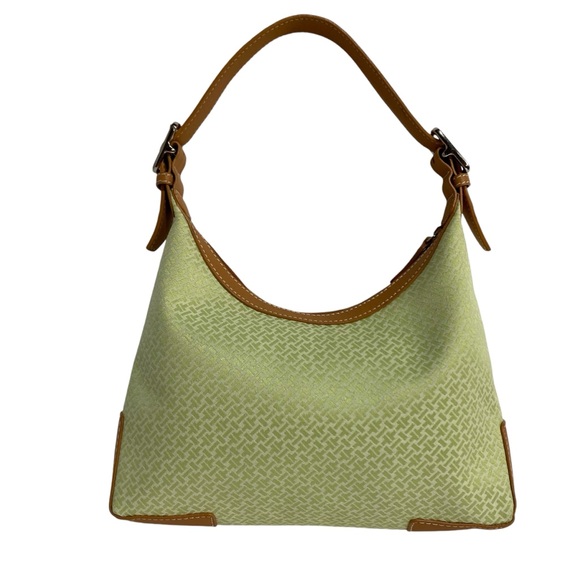 TALBOTS Shoulder Bag Small Top Zipper Single Strap Green Jacquard Tan Leather - Picture 2 of 16
